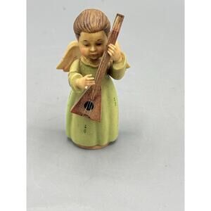Vintage Wooden Angel Musician Figurine Hand Carved Green Dress Lute Figure 3in